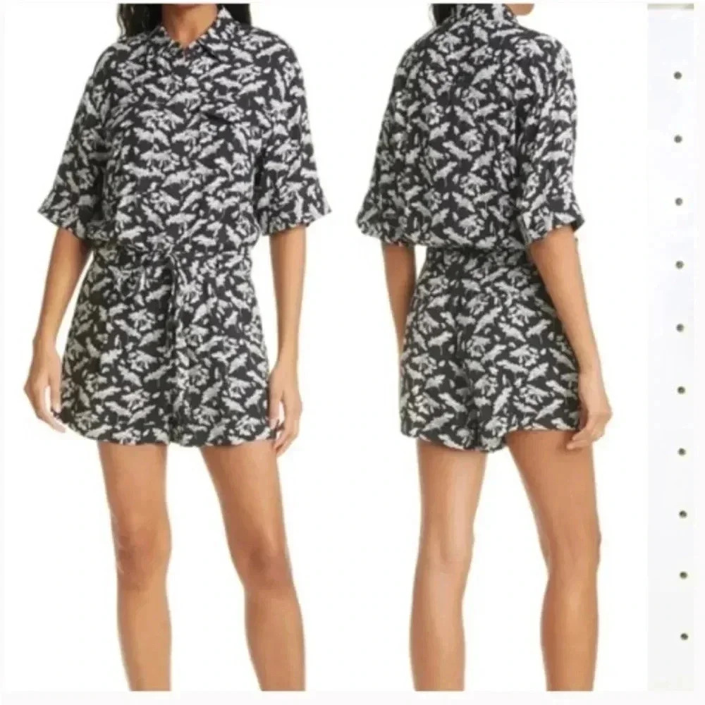 Rag & Bone Surplus Floral Black and White Printed Romper Shorts Tie Waist Size 0